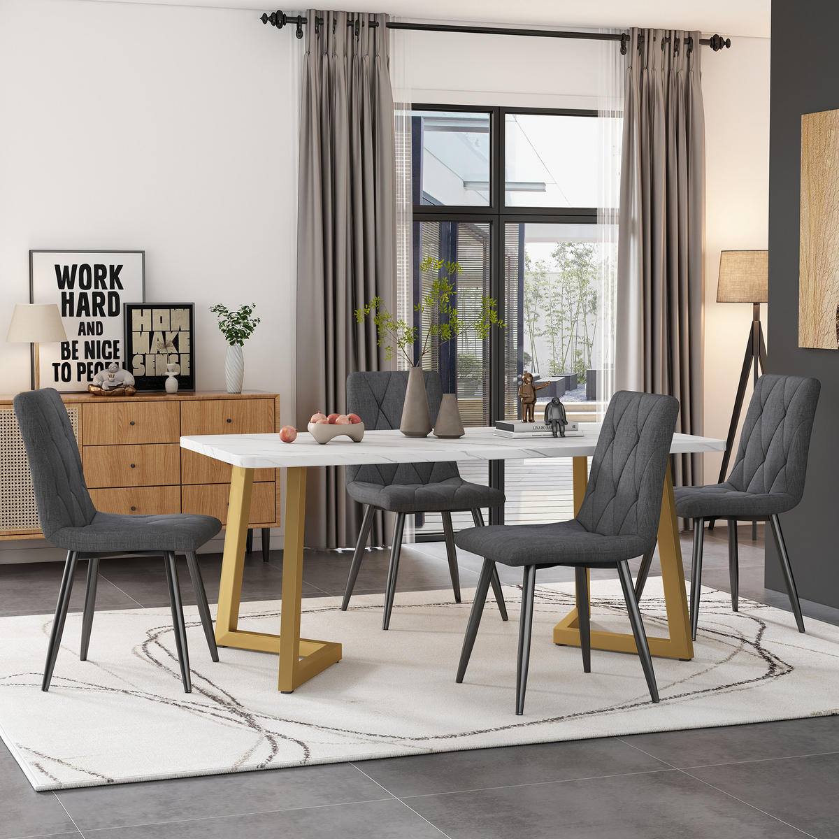 ESSGRUPPE 5-teilig mit Marmoroptik-Tisch 117×68 und vier grauen Leinenstühlen für Küche und Wohnzimmer, weiß-grau - Grau, Holzwerkstoff (68/75/117cm) - Luhomfu
