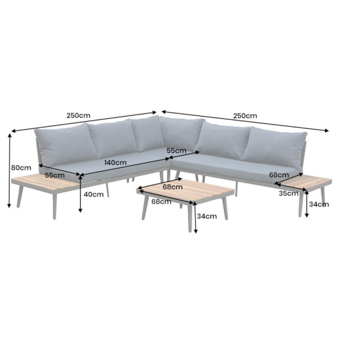 GARTEN-LOUNGE CANNES Akazie Anthrazit|Natur 250cm - Grau, Naturmaterialien/Holz - riess-ambiente