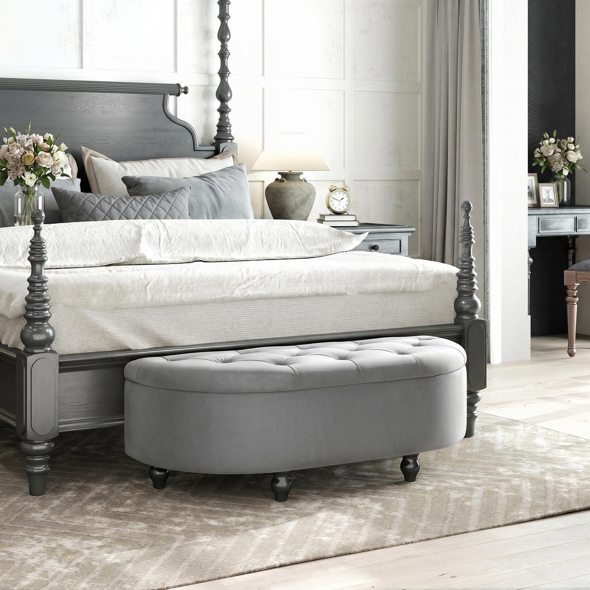 TRUHENBANK DE-07117 Samtoptik, Soft-Close Deckel Dunkelgrau - Dunkelgrau, Holz/Textil (46/42/120cm) - ComfortXL
