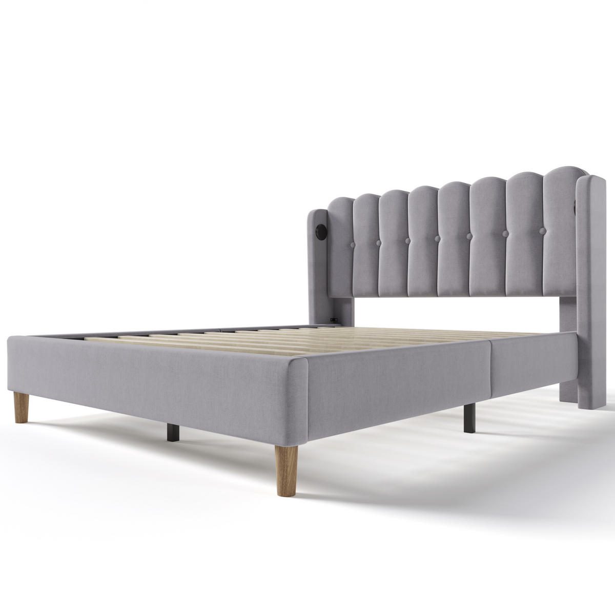 POLSTERBETT 140/200 cm mit USB- und USB-C-Anschluss, Lattenrost und Matratze, Leinenbezug, Grau - Grau, Textil (140/200cm) - Redom