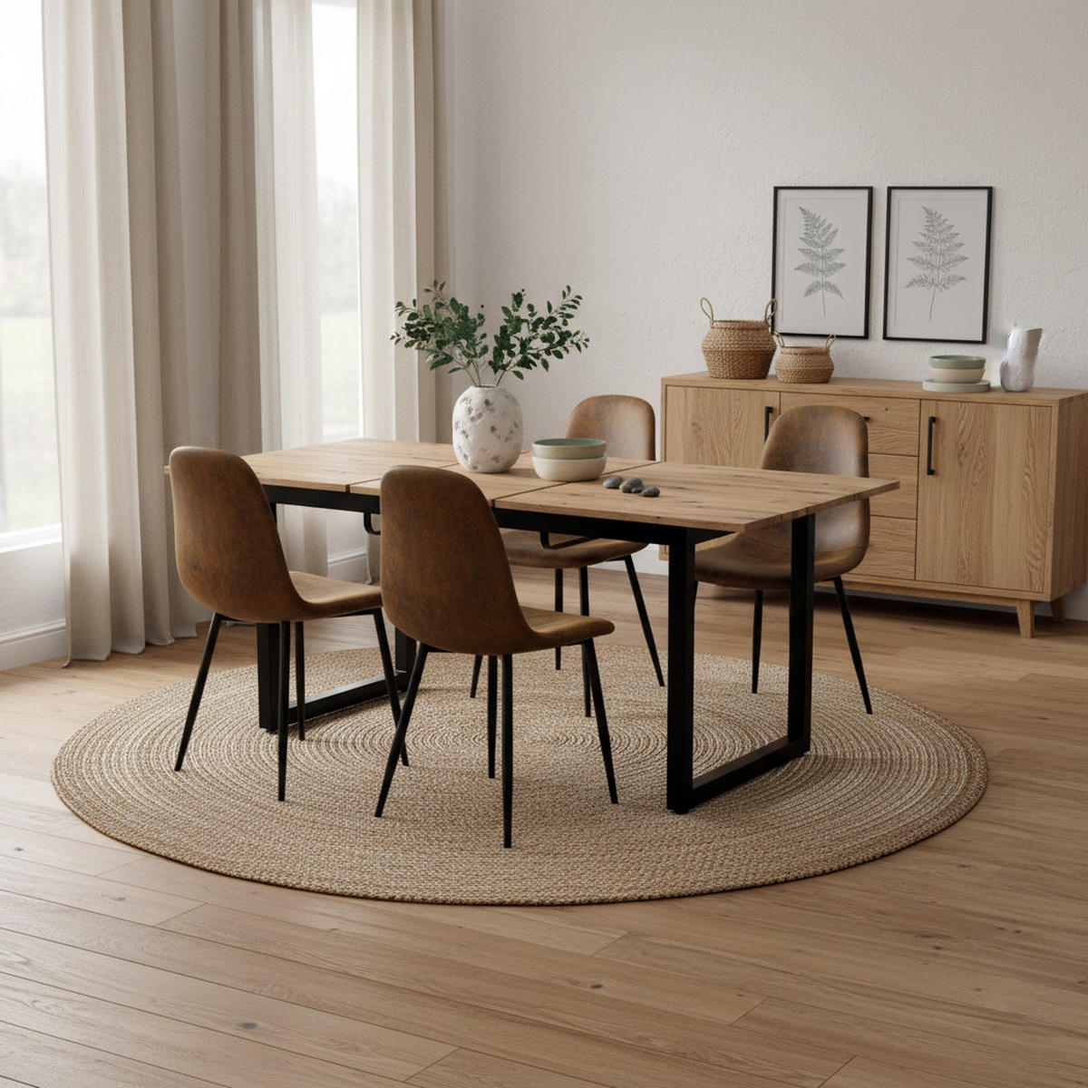 TISCHGRUPPE 5-teilig Ausziehtisch 140–180 cm U-Gestell & 4 Polsterstühle Vintage-Braun - Schwarz/Eiche San Remo, Holzwerkstoff/Textil (180/75/80cm) - Urban Meuble