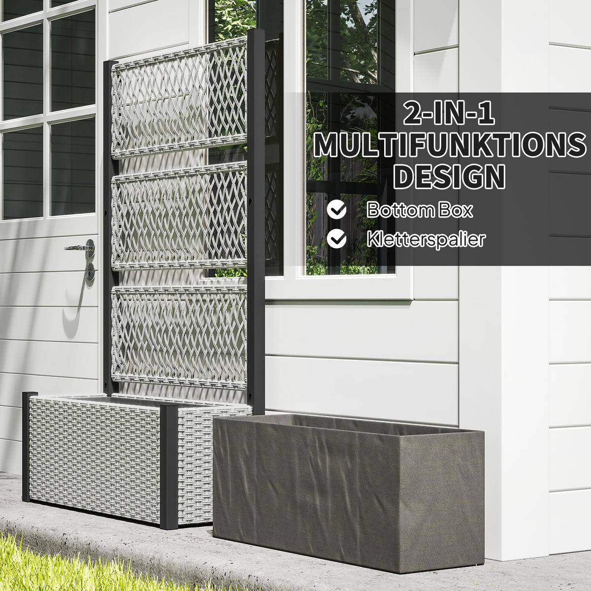 HOCHBEET mit Rankgitter in Rattan-Optik Pflanzkasten Blumenkasten mit Rankhilfe - Grau, Metall (35/148/90cm) - Outsunny