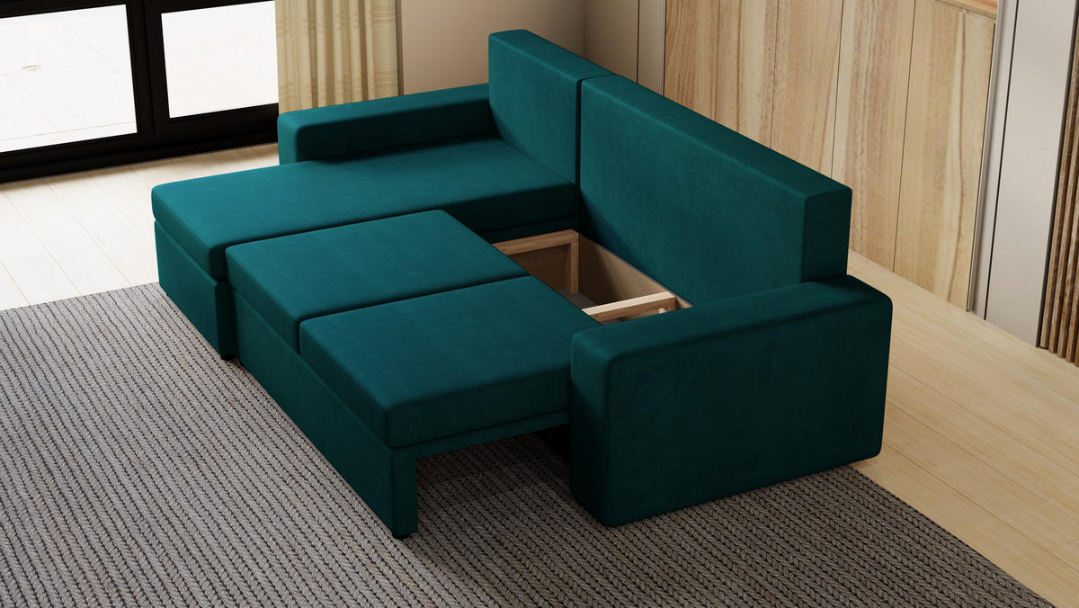 ECKSOFA Paco mit Bettkasten und Schlaffunktion, L-Form/XL-Form, Velourstoff, Universal - Türkis, Holzwerkstoff (246/145cm) - 4ALL HOME