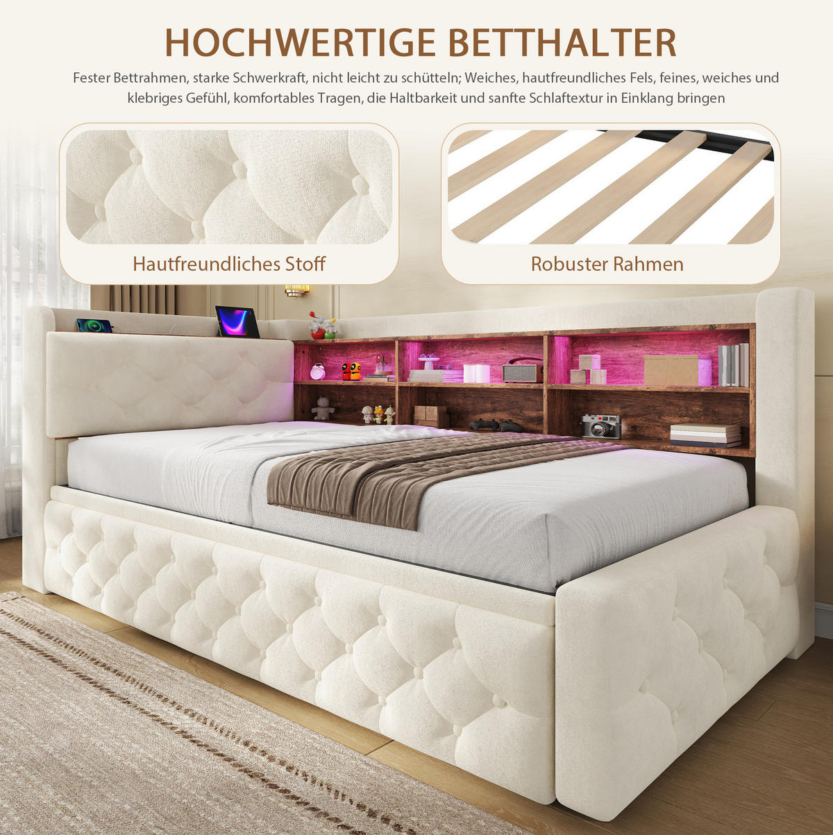 BETT 90/180×190 cm in Beige mit Stauraum, LED-Beleuchtung und USB- und Type-C-Anschlüssen - Beige, Textil (180/190cm) - Flora Grace