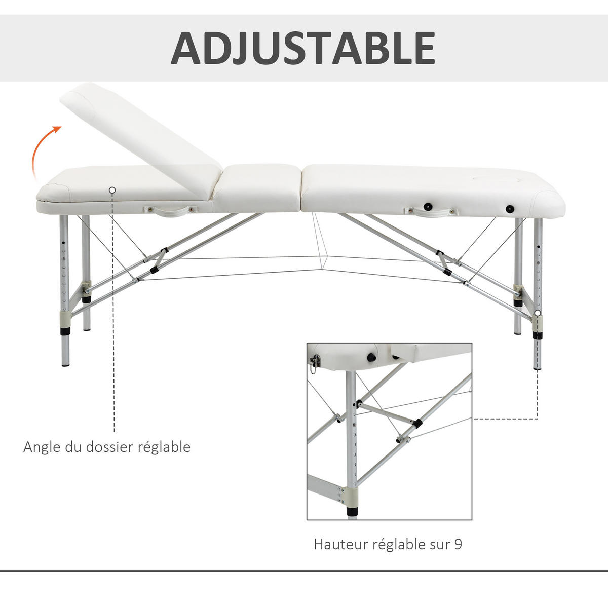 MASSAGELIEGE DE-18893 3-Zonen, höhenverstellbar, 225 kg Weiß - Weiß, Metall (81/84/215cm) - ComfortXL