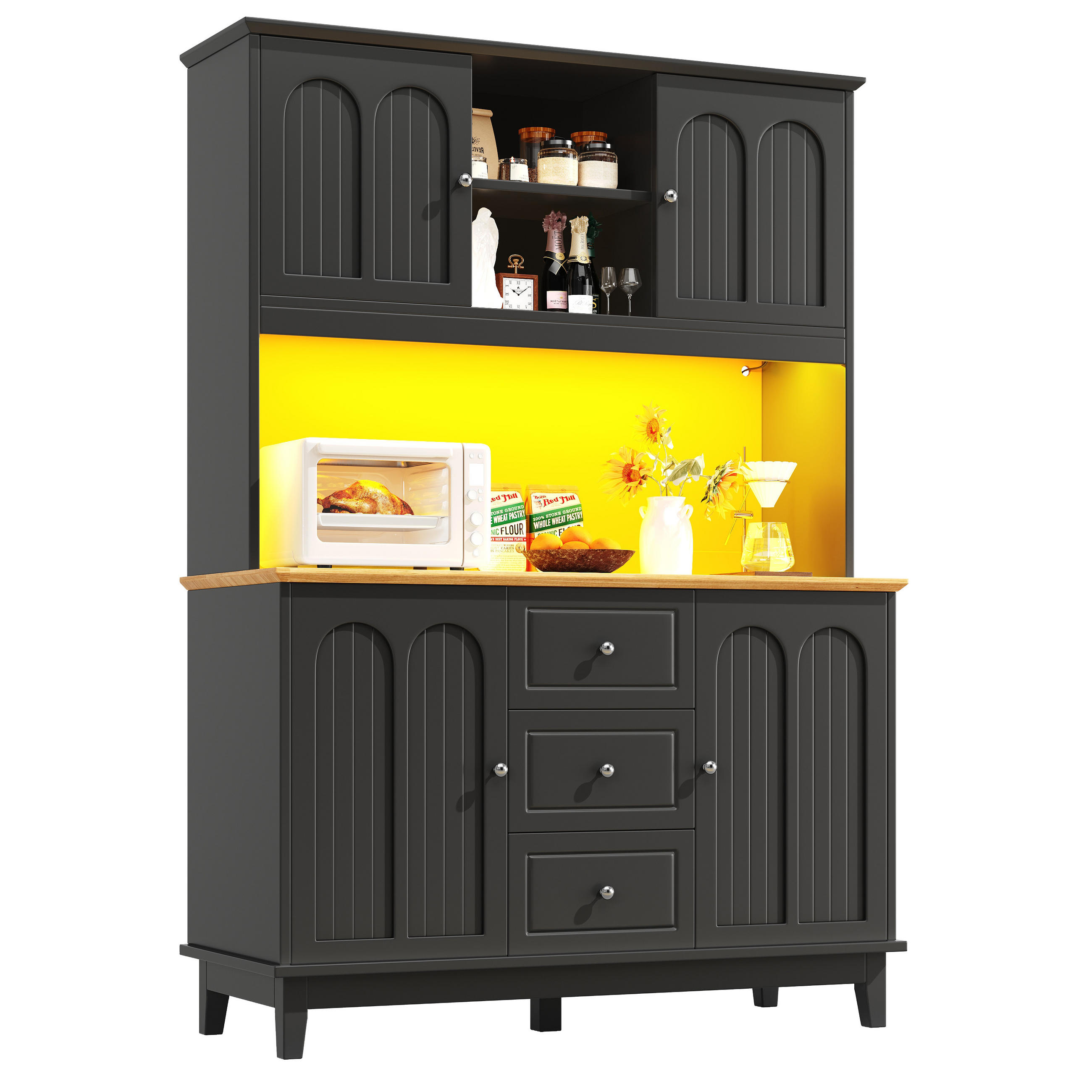 HOCHSCHRANK aus MDF in Holzoptik mit App-LED, 4 Türen und 3 Schubladen, 120/40/180 cm, Holzoptik，Schwarz - Schwarz, Holzwerkstoff (40/180/120cm) - Redom