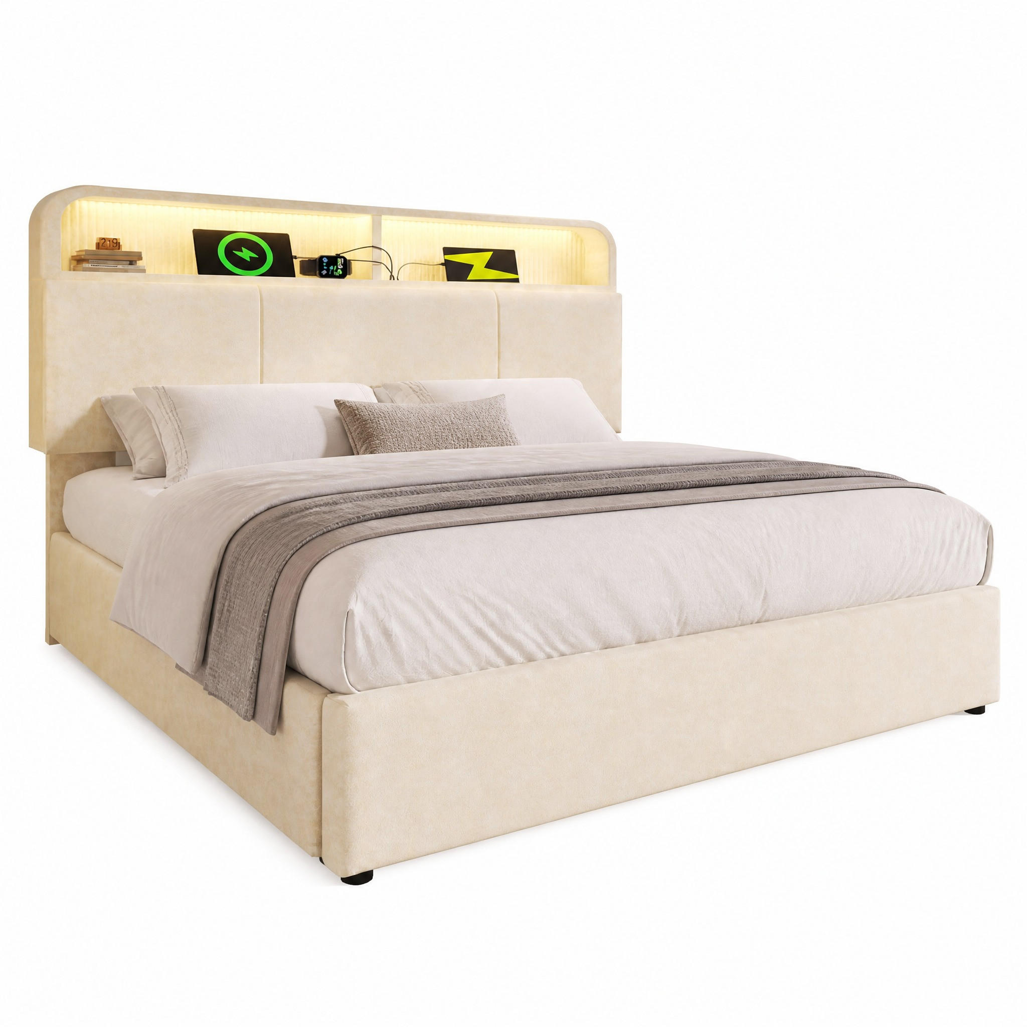 POLSTERBETT 140/200 cm in Beige mit Bettkasten, LED, USB und Type-C Samt - Beige, Holzwerkstoff/Textil (140/200cm) - STILVORA