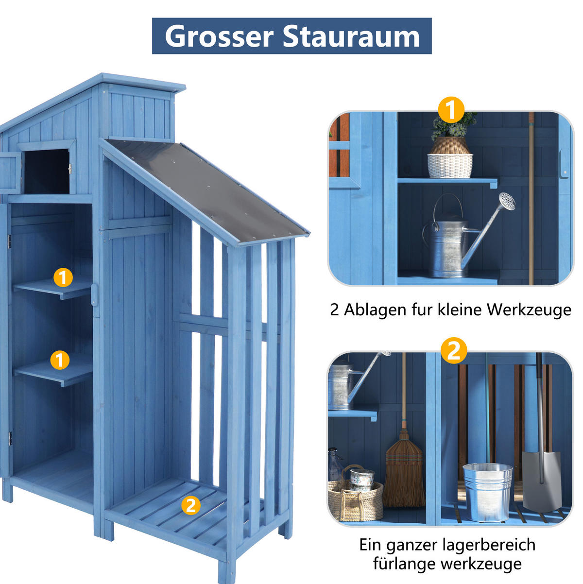 GARTENSCHRANK aus Massivholz 124x46x174cm Blau mit 2 Regalen - Blau, Holz (46/174/124cm) - Modfu