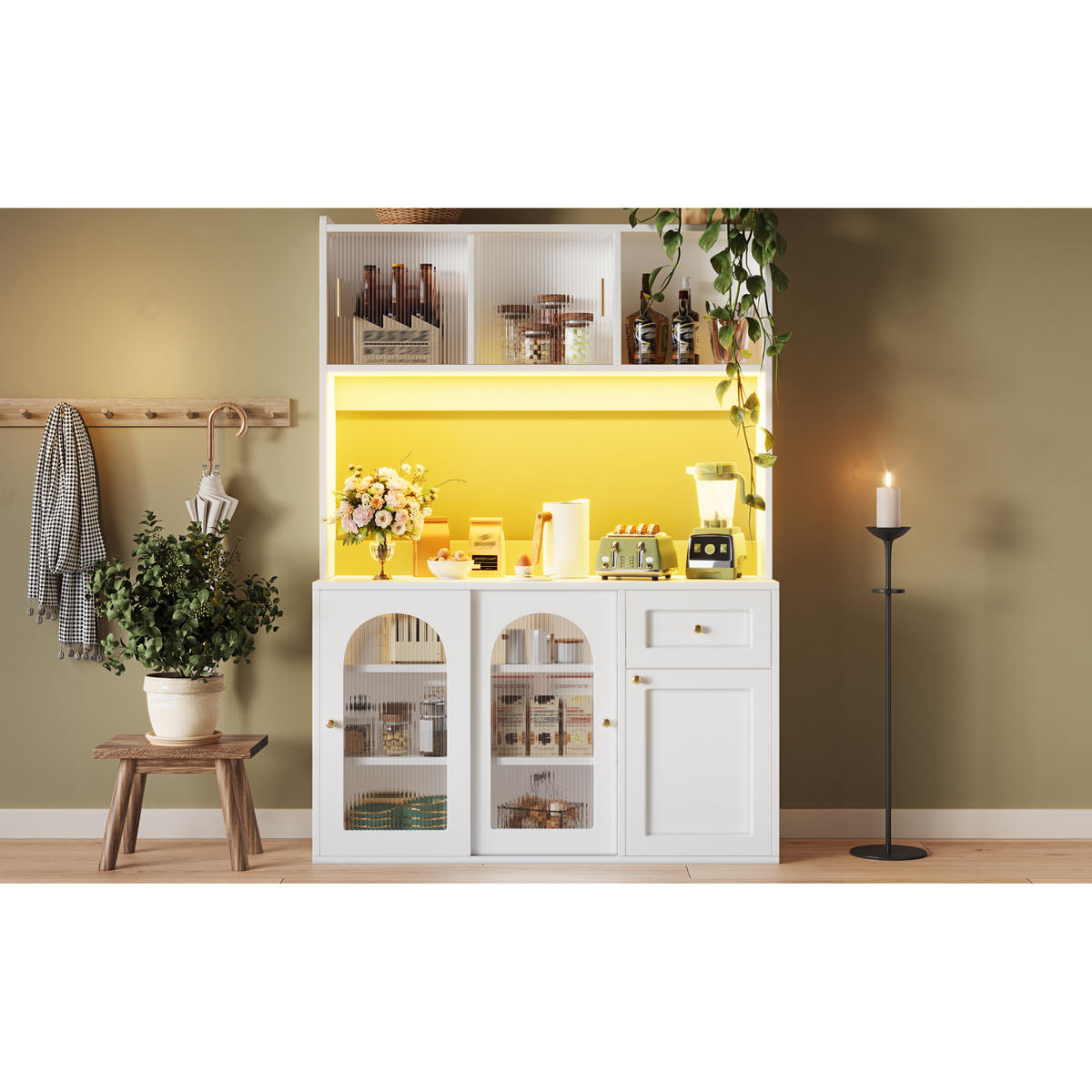 KÜCHENSCHRANK 120x35x167 cm, LED-Beleuchtung, Glastüren, verstellbare Einlegeböden, Weiß - Weiß, Holzwerkstoff (120/167/35cm) - FOHERE