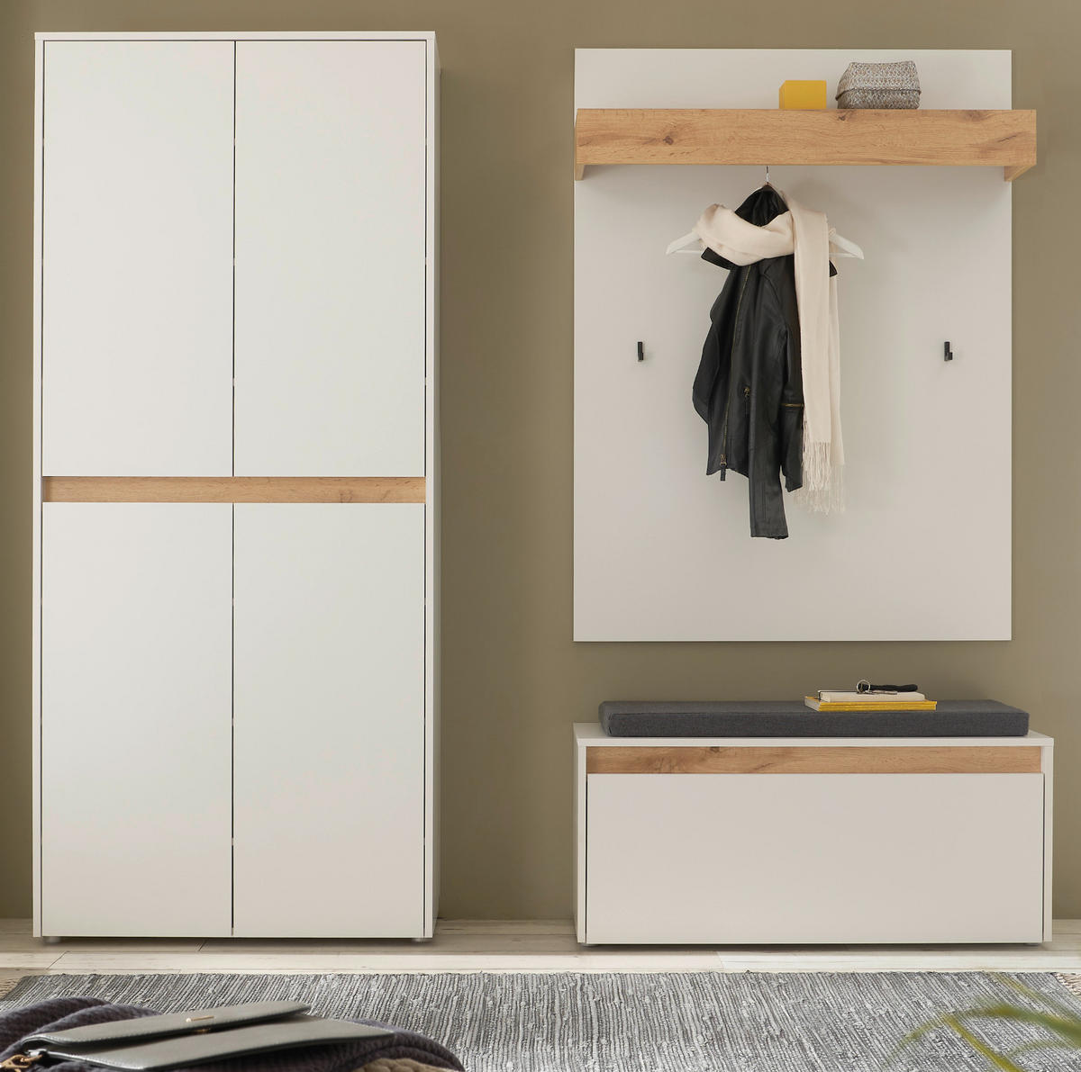 GARDEROBEN-SET weiß matt, Eiche Wotan 195 cm 4-teilig, Garderobenkombination mit viel Stauraum - Eiche Wotan/Schwarz, Holzwerkstoff/Kunststoff (195/200/40cm) - Furn.Design