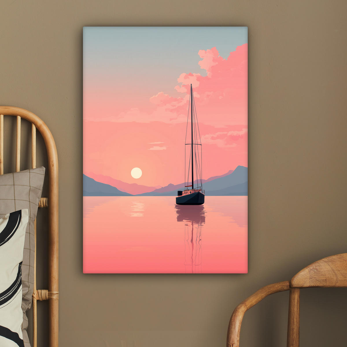 LEINWANDBILD Segelboot - Rosa Meer - Sonnenuntergang - Berge Wanddeko Schlafzimmer 60x90 cm - Rosa, Textil (60/90cm) - MuchoWow
