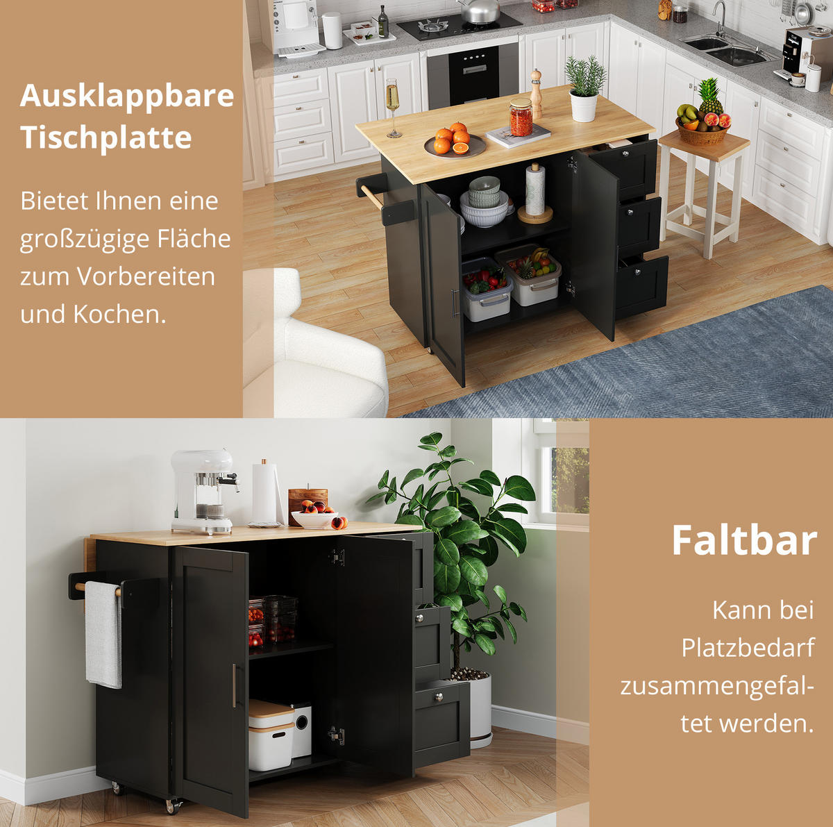 KÜCHENINSEL klappbar 135x70 cm MDF Black/Natural - Schwarz, Holz (44/90/135cm) - Beauniv