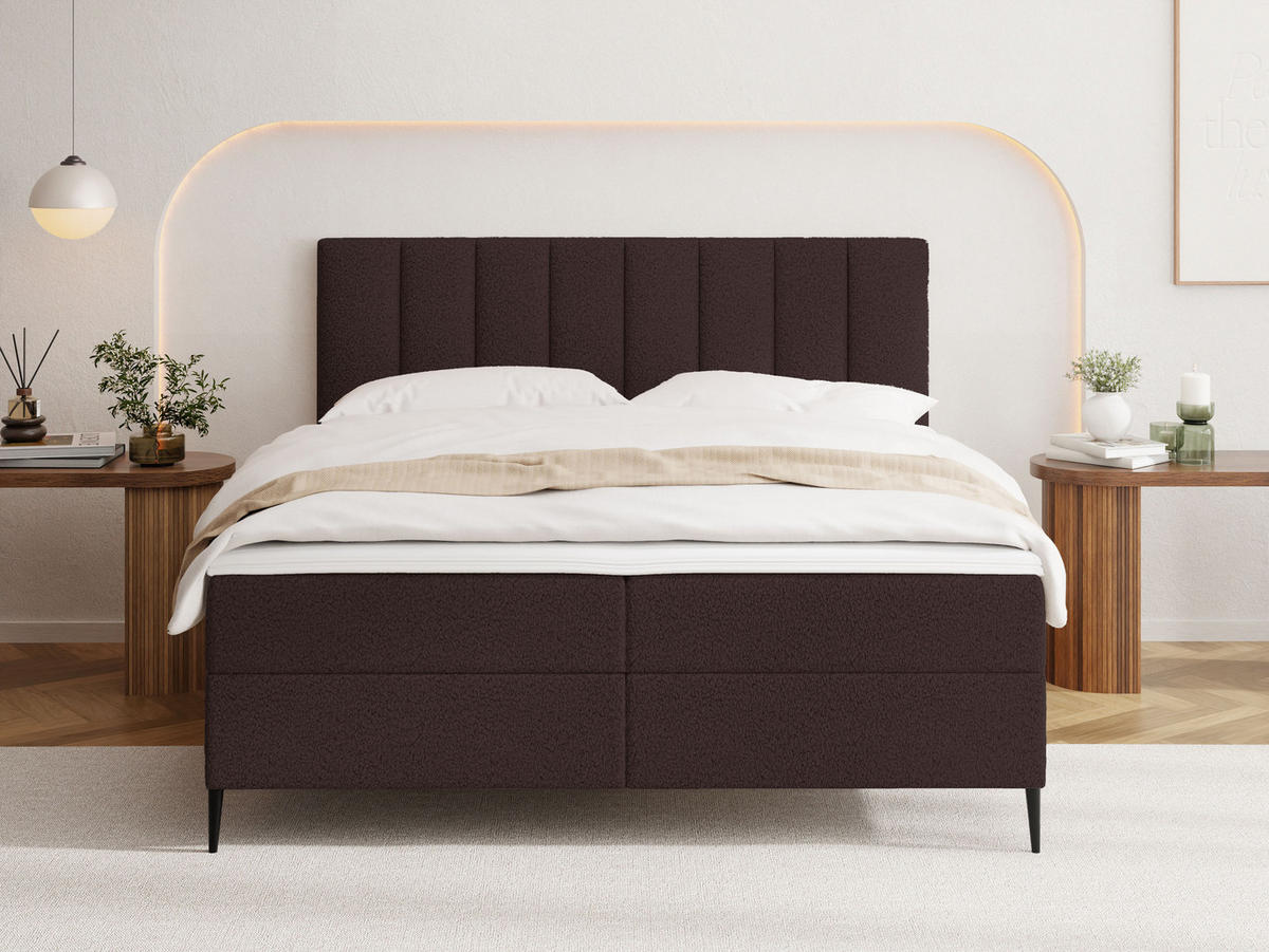 BOXBETT Allen mit Bettkasten, Boucle Braun 140x200 cm – inkl. H4 Taschenfederkern Matratze & Foam Topper - Schwarz/Braun, Holzwerkstoff/Metall (140/200cm) - WFL GROUP