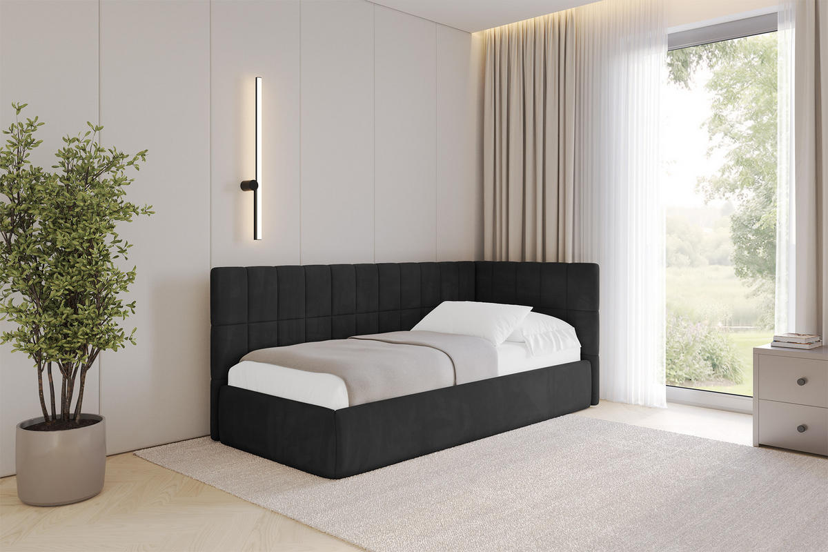 EINZELLBETT Jugendbett mit Bettkasten, Links - TULY 90x200 Schwarz - Schwarz, Holzwerkstoff/Textil (90/200cm) - ALTDECOR