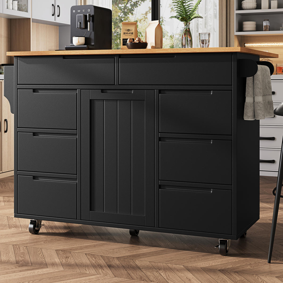 KÜCHENINSEL 122x74.5x91.5cm Schwarz mit 8 Schubladen & 5 Rollen - Schwarz, Holzwerkstoff (122/91.5/74.5cm) - Modfu