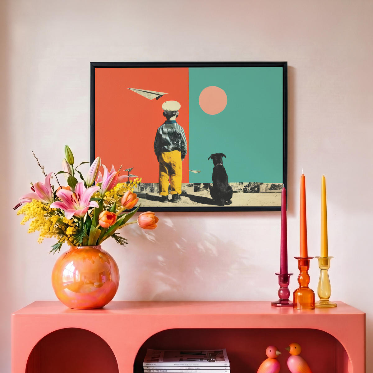 LEINWAND Bilder mit Rahmen - Retro - Junge - Hund - Rot - Grün - 40x30 - Orange, Textil (40/30cm) - MuchoWow