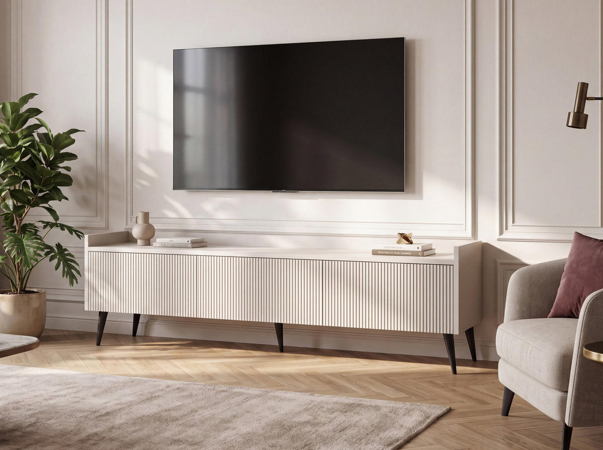TV LOWBOARD Arysa – Geriffelt, Hohe Metallfüße – Kaschmir 180/45/41 cm - Kaschmir/Beige, Holzwerkstoff/Metall (180/45/41cm) - WFL GROUP