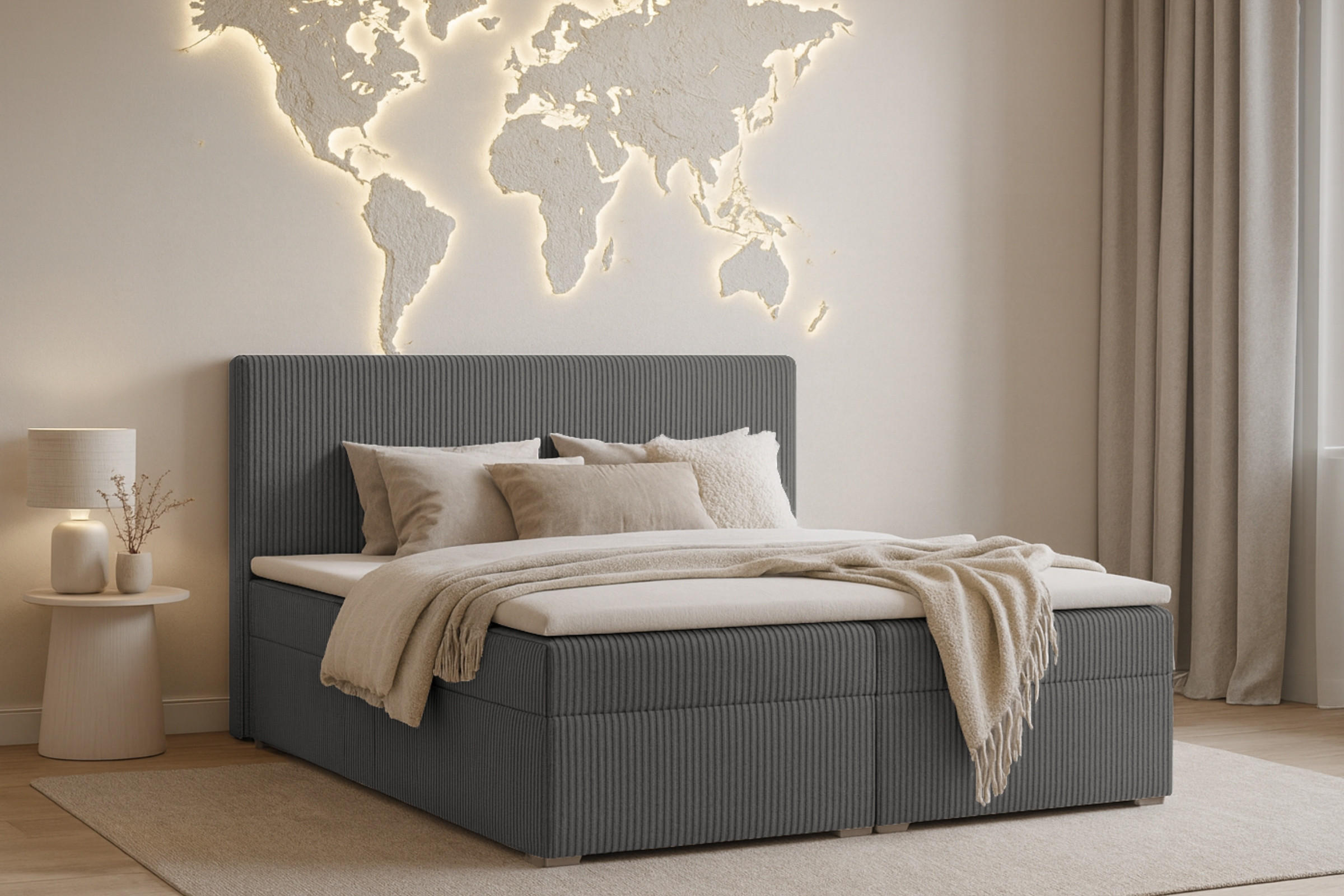 BOXBETT LOFT IV 200/200 Cord Anthrazit mit Bonell-Federkernmatratzen H3 - Anthrazit, Holz/Holzwerkstoff (200/200cm) - Deine Möbel 24