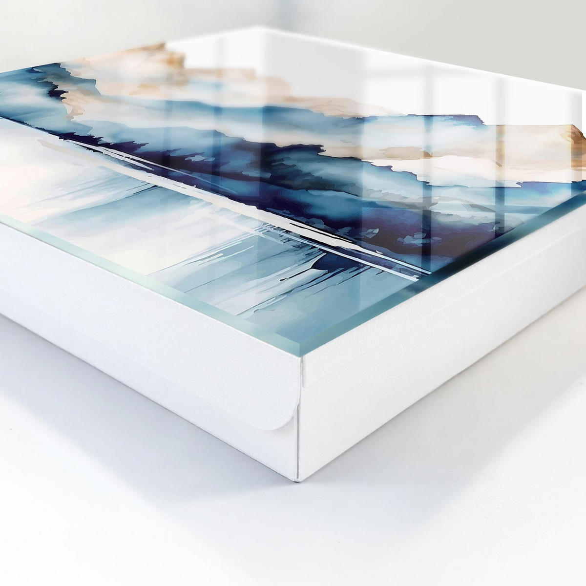 SCHLÜSSELBOX Weiß 30x30 cm – Türöffnung nach rechts - Aquarellberge - Blau, Metall (30/30/5cm) - TULUP