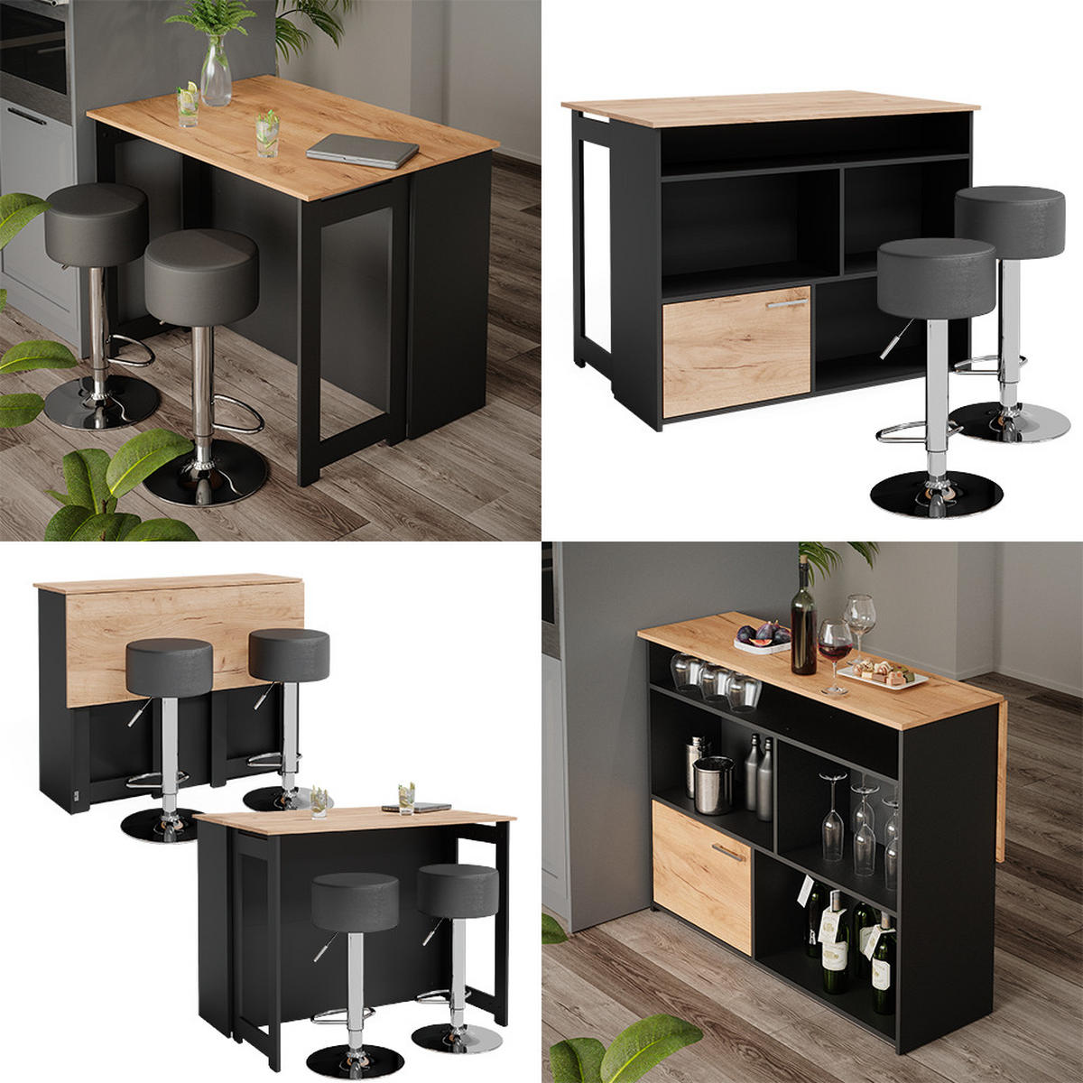 BARTISCH-SET Dominic Goldkraft Eiche/Anthrazit 116 x 37 cm mit 2 Barhockern - Honigeiche/Anthrazit, Holzwerkstoff (116/90.5/37cm) - Vicco