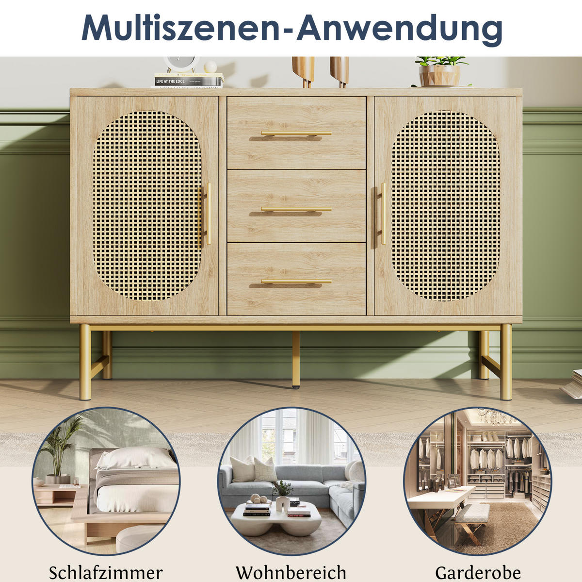 KOMMODE 120/40/74 cm mit 3 Schubladen und Rattanoptik - Eichefarben, Metall (120/74/40cm) - BEAOK