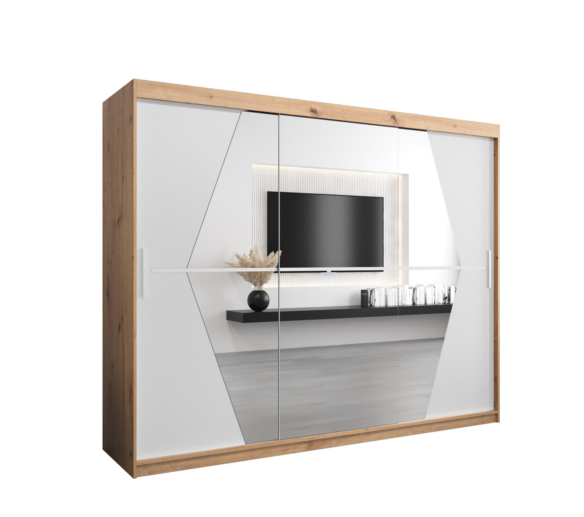 Abiks Möbel Schwebetürenschrank Eiche Artisan, Weiß 250x200x62 cm