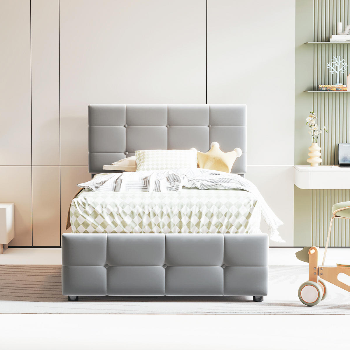 KINDERBETT 90/200 cm mit hydraulischem Stauraum und höhenverstellbarem Kopfteil, Grau - Grau, Textil (90/200cm) - OKWISH