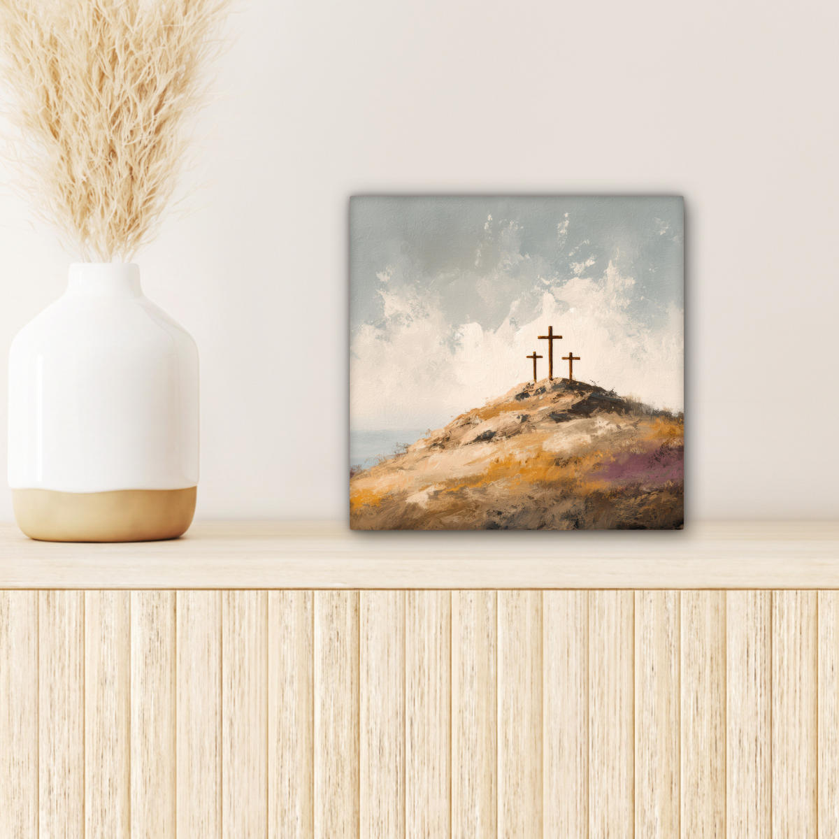 LEINWANDBILD Hügel - Abstrakt - Christentum - Kreuz Deko Wohnzimmer 20x20 cm - Hellgrau, Textil (20/20cm) - MuchoWow