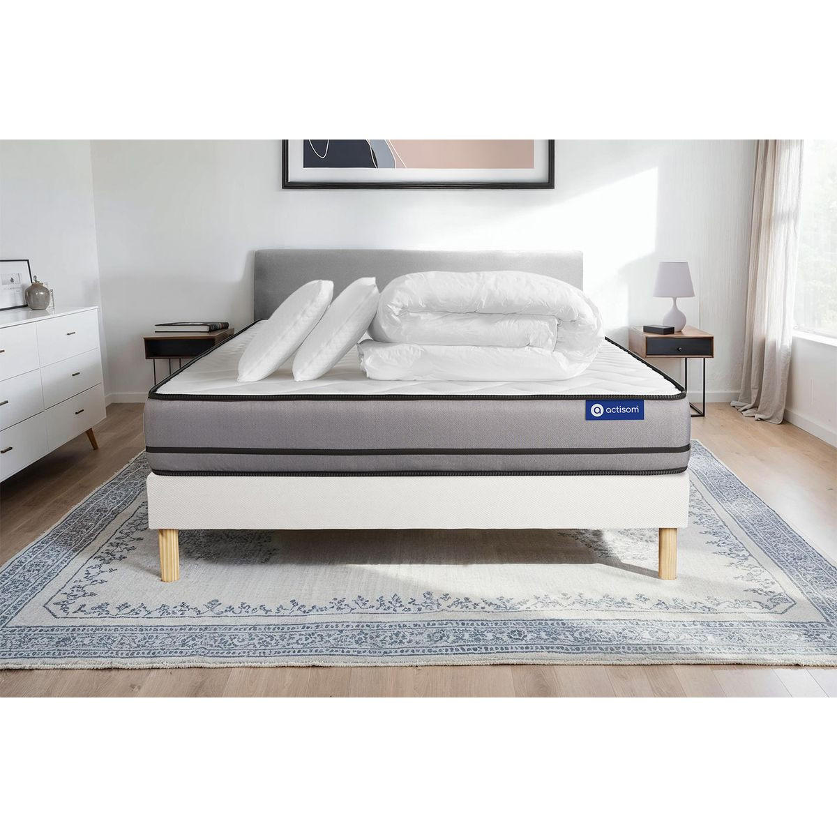BETT Actimemo night Memory-Schaum 140 x 190 cm h4 - Kit Bettgestell Weiß - Mit Kissen und Bettdecke - Beige/Weiß, Karton/Holz (140/190cm) - ACTISOM