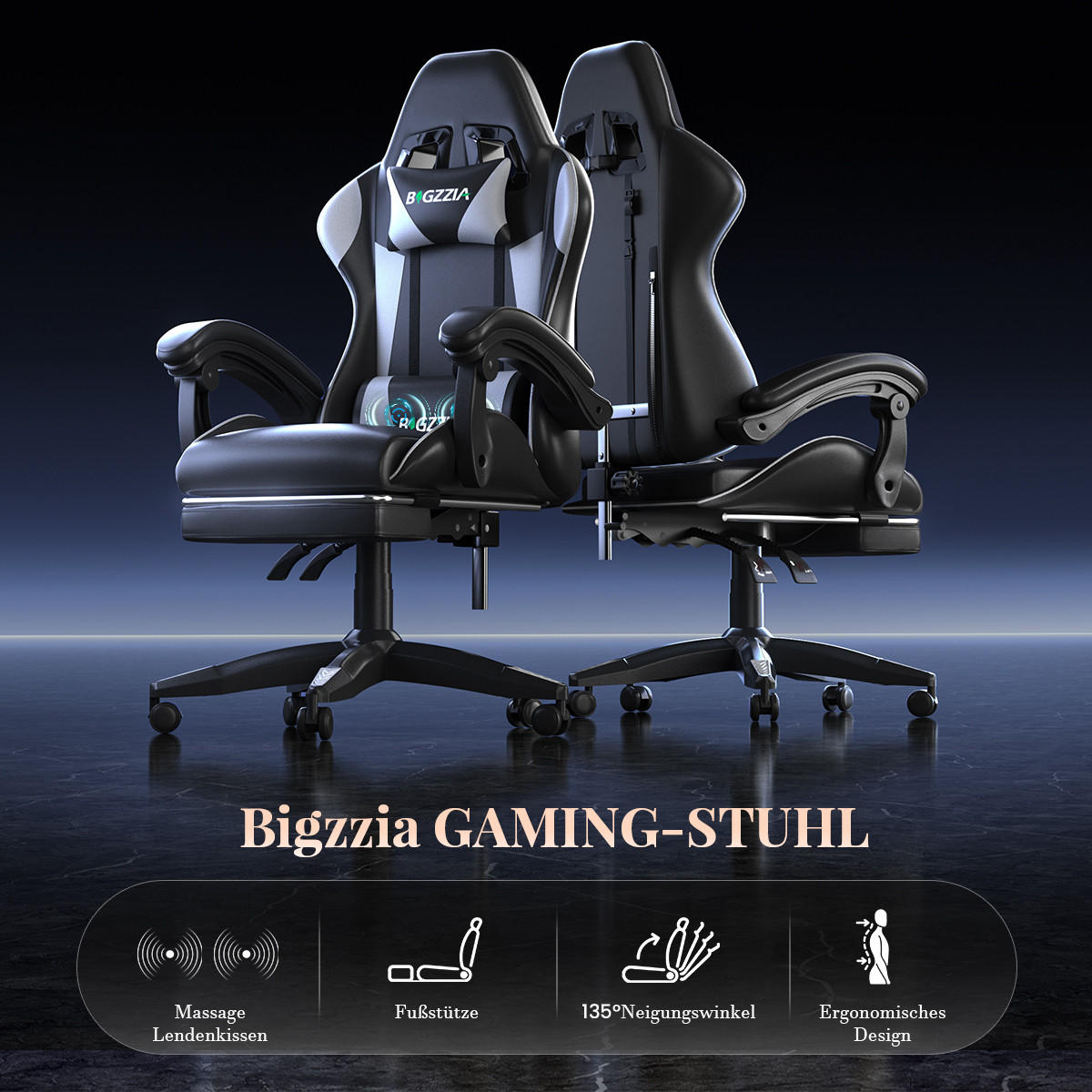 GAMINGSTUHL Schwarz-Weiß,mit Massage,Fußstütze, Ergonomisch, Verstellbar - Weiß, Metall (26/59/77cm) - Rattrix