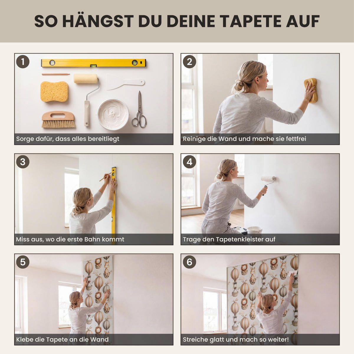 KINDERTAPETE - Safari - Heißluftballons - Taupe - 100x200 cm - Beige, Papier (100/200cm) - OnlyWow