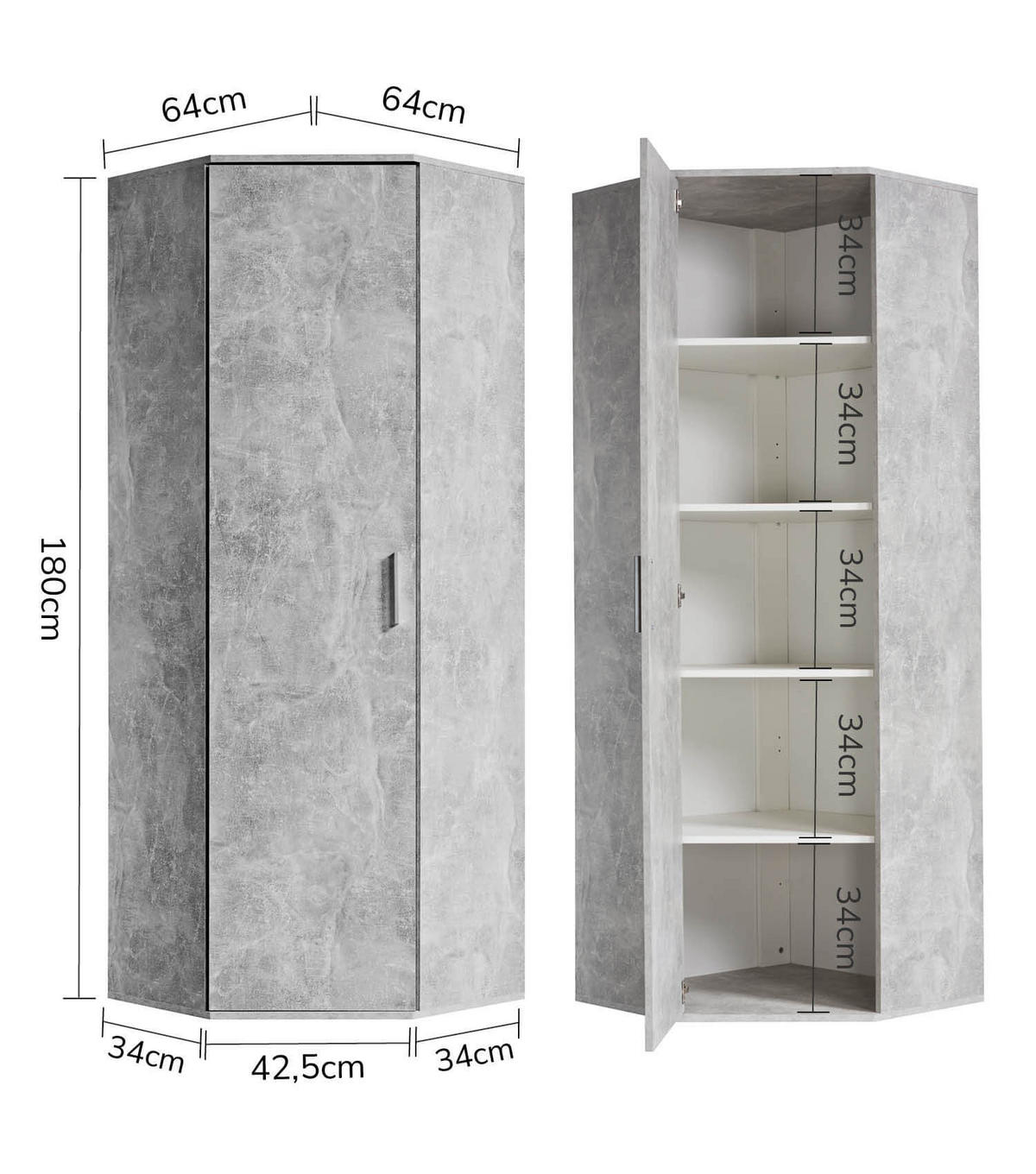 ECKSCHRANK Der Lange - Hellgrau/Weiß, Holzwerkstoff (64/180/64cm) - Mokebo
