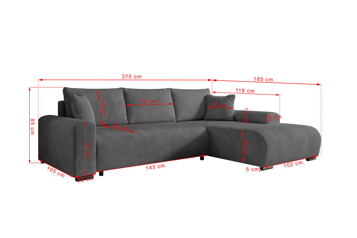 ECKSOFA Nelly mit Bettkasten und Schlaffunktion, Cordstoff in L-Form - Dunkelgrau, Textil (270/185cm)