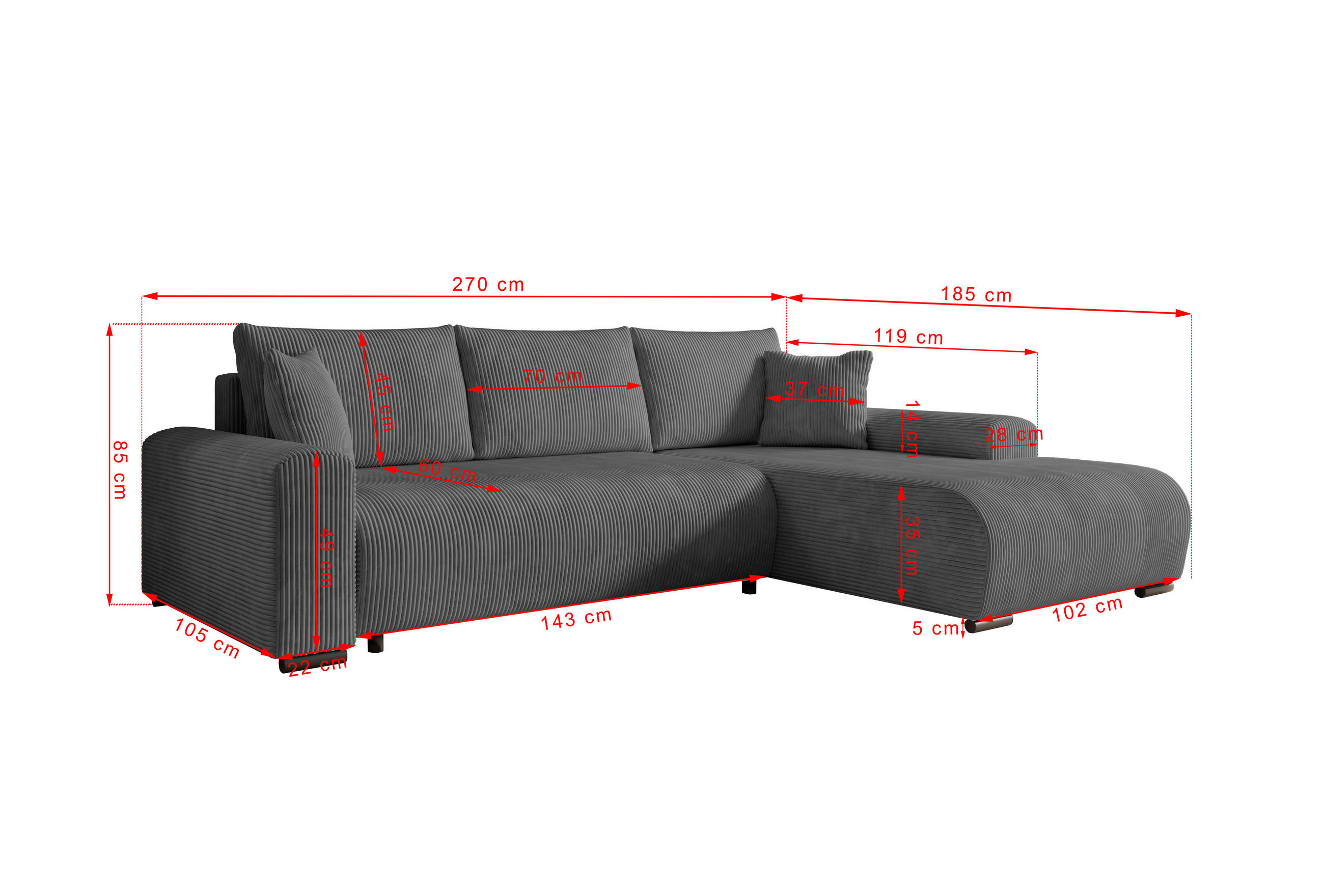 Thumbnail - Ecksofa, Dunkelgrau, Textil, 3-Sitzer, L-Form, 270x185 cm, Wohnzimmer, Sofas & Couches, Wohnlandschaften, Ecksofas
