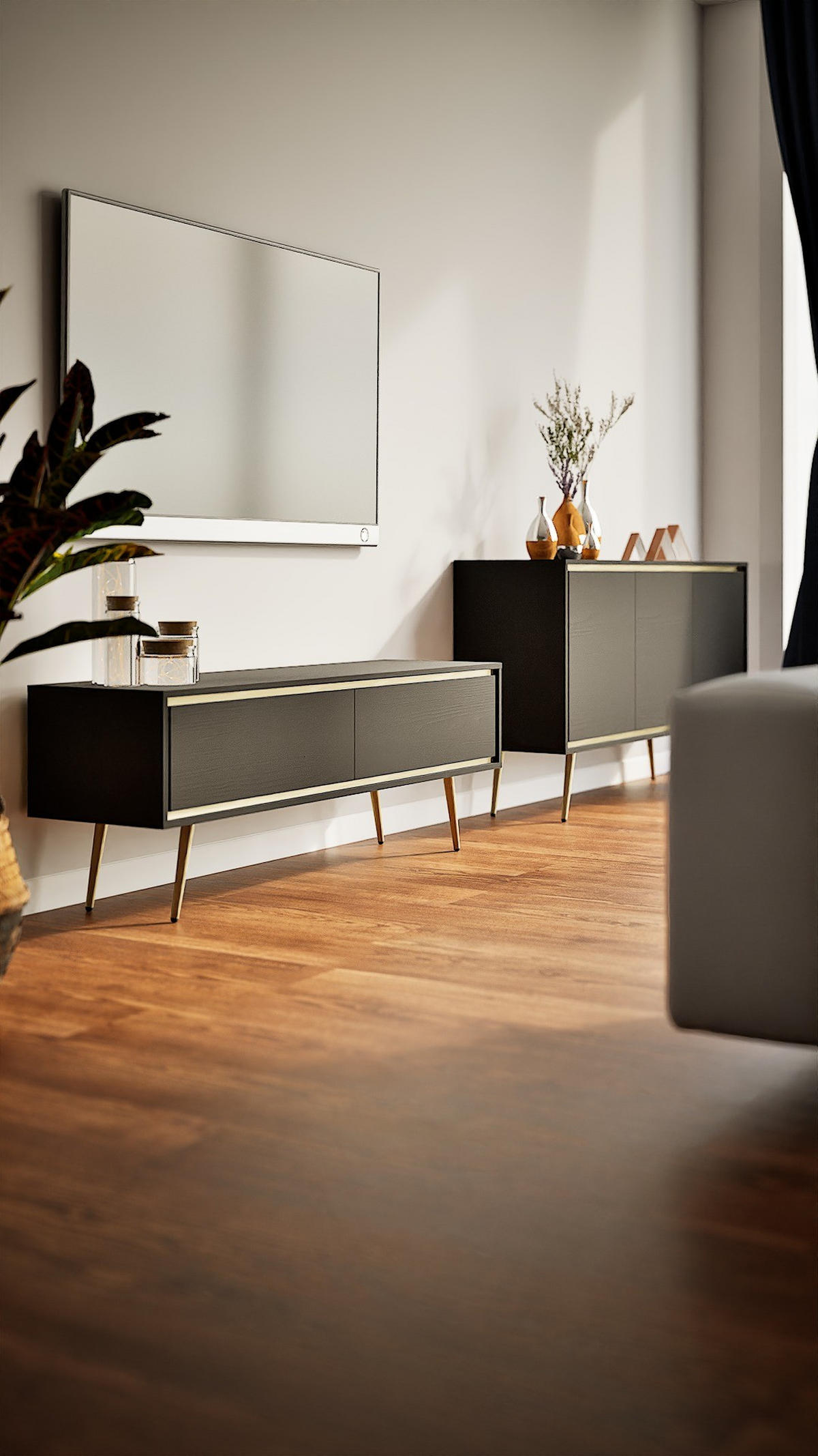 TV-SCHRANK Torina Schwarz, mit goldenen Beinen - Goldfarben/Schwarz, Holzwerkstoff/Metall (150/50/40cm) - Bettso