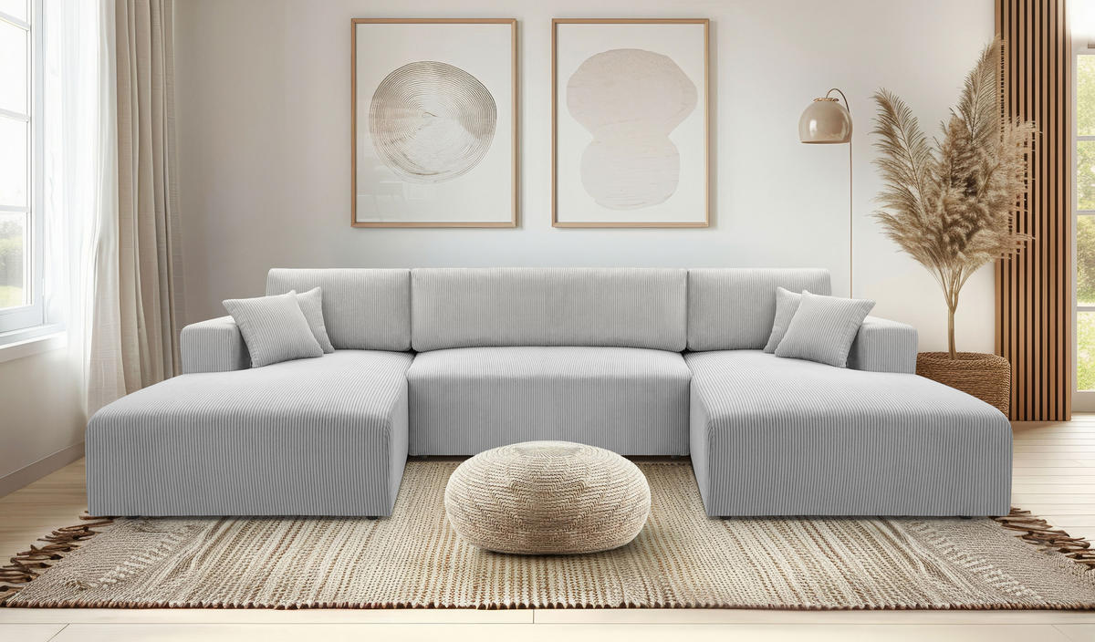 WOHNLANDSCHAFT Catea Hellgrau 364/145/85 cm mit Schlaffunktion - Hellgrau/Schwarz, Kunststoff/Textil (364/84/145cm) - AX Living