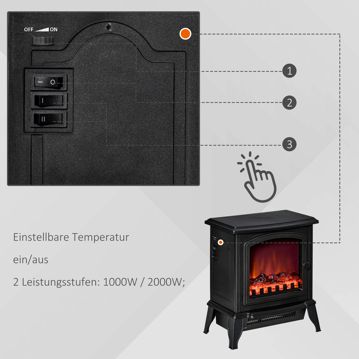 ELEKTROKAMIN, Standkamin mit LED-Flammeneffekt, 2000W Kaminofen, Metall, Schwarz - Schwarz, Kunststoff (24/45.5/36.5cm) - HOMCOM