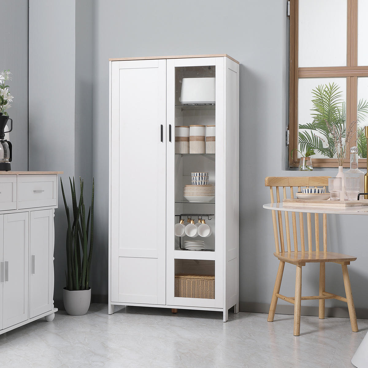 VITRINENSCHRANK DE-11034 7 Böden (3 aus Glas) mit 2 Türen Weiß - Weiß, Holzwerkstoff (36/160/76cm) - ComfortXL