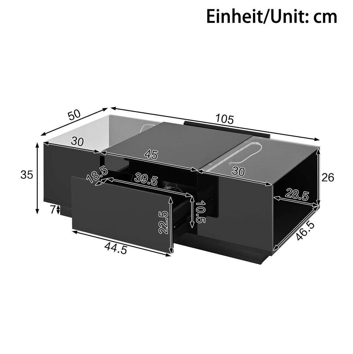 KONFERENČNÍ stolek 105/50/35 cm černý z dřevotřísky s LED osvětlením a úložným prostorem - černá, kompozitní dřevo (105/50/35cm) - OKWISH