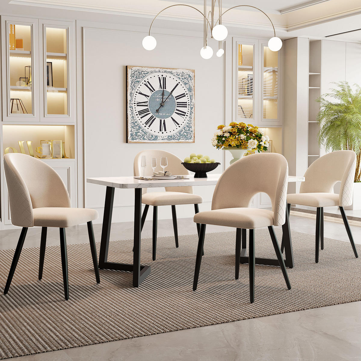 ESSGRUPPE Esstisch 4 Stühle Samt Beige Schwarz 117x68cm - Beige, Textil (117/75/68cm) - FLIEKS