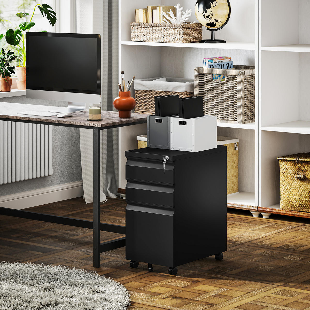 ROLLCONTAINER mit 3 Schubladen mobiler Aktenschrank mit Rollen abschließbar - Schwarz, Metall (30/60/43.5cm) - Vinsetto