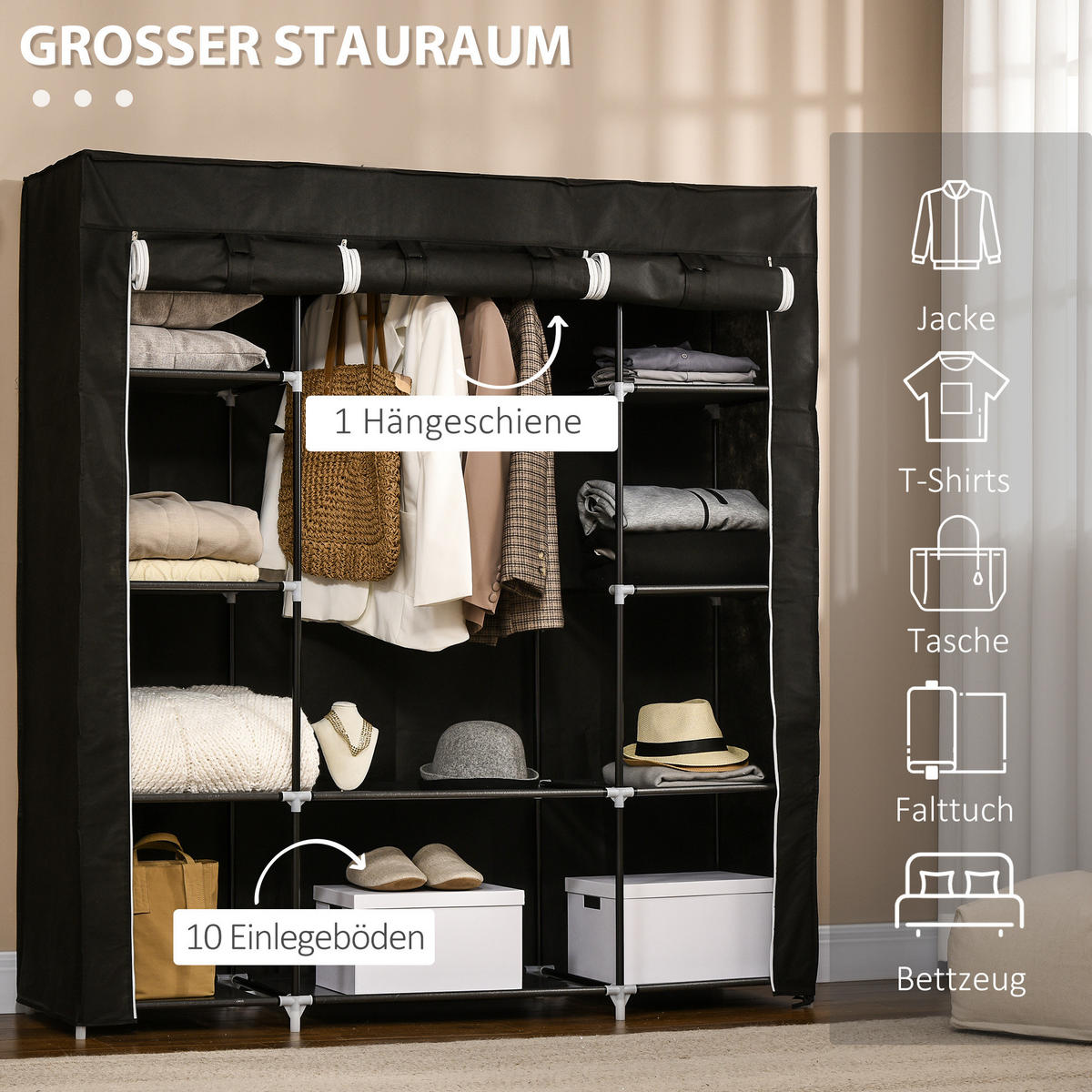 KLEIDERSCHRANK aus Stahl 43x150x162,5 cm Schwarz mit Kleiderstange, 10 Fächern und Reißverschlussabdeckung - Schwarz, Metall (150/162.5/43cm) - Modfu