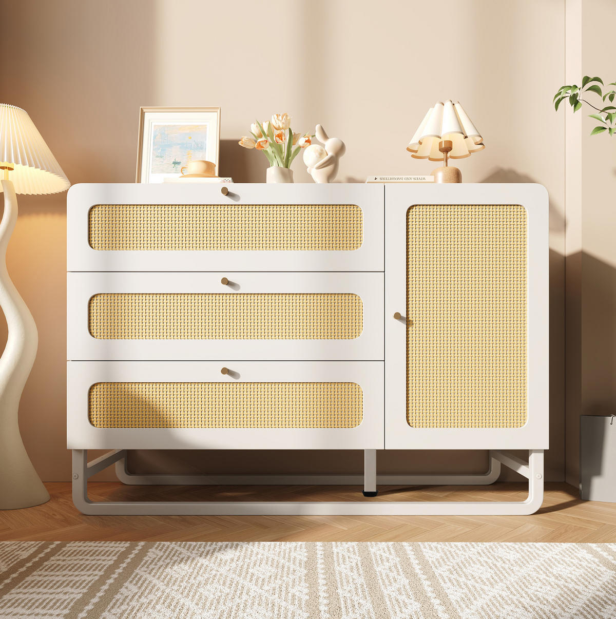 KOMMODEN-SIDEBOARD 120/40/85 cm mit 3 Schubladen & Rattan-Fronten in Weiß - Weiß, Metall (120/85/40cm) - BEAOK