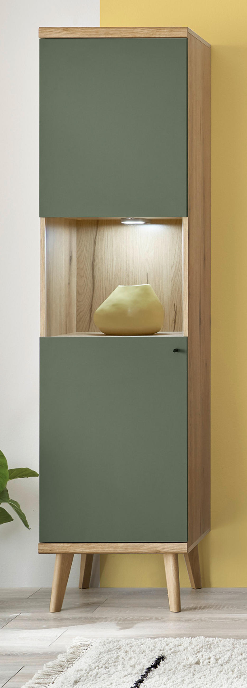 VITRINE Salbei, Eiche Evoke, skandinavisch 50 x 197 cm, Vitrinenschrank mit Stauraum - Salbeigrün/Eichefarben, Glas/Holz (50/197/40cm) - Furn.Design