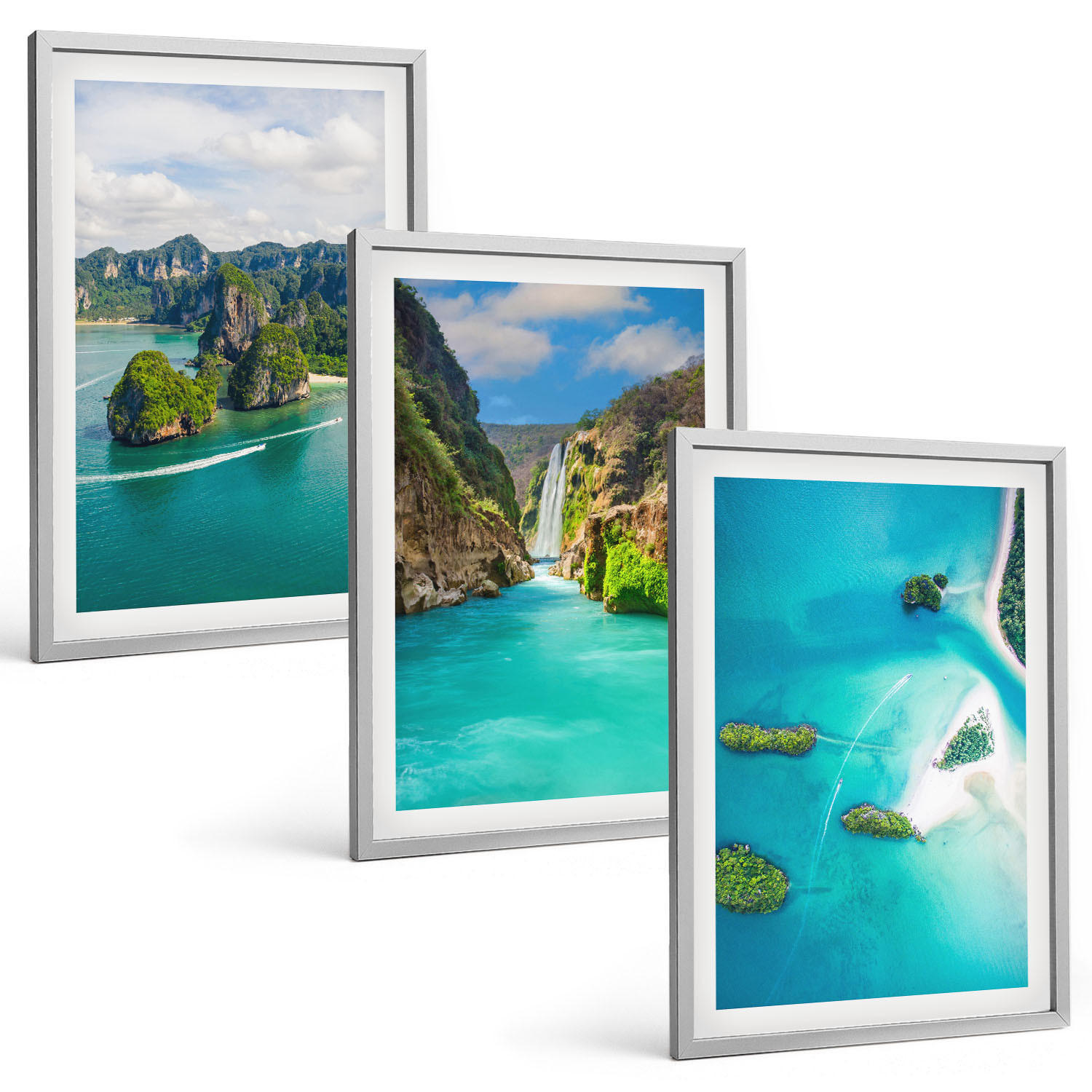 BILDER SET 3er Set - 40x60 cm Silberner Rahmen - Tropische Inseln, türkisfarbenes Wasser - Silberfarben, Kunststoff (40/60cm) - TULUP