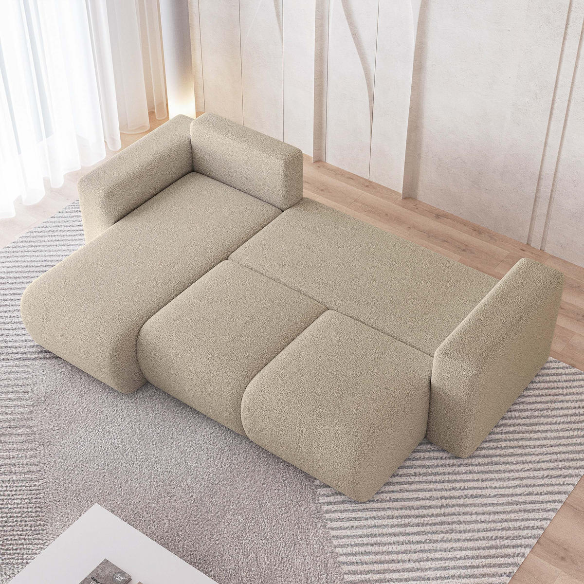 ECKSOFA RINOVA Beige Boucle-Stoff mit Schlaffunktion - Beige, Holz (250/143cm) - MASSENO