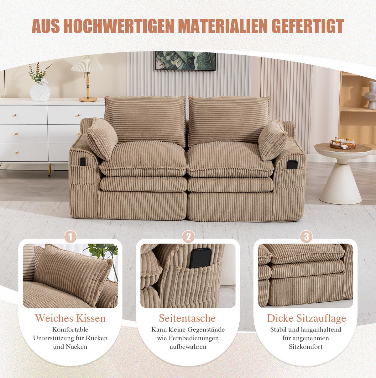 2-SITZER-SOFA 191/94/85 cm mit Seitentaschen, Kissen und Federkern, Khaki - Beige, Textil (191/85/94cm) - Redom