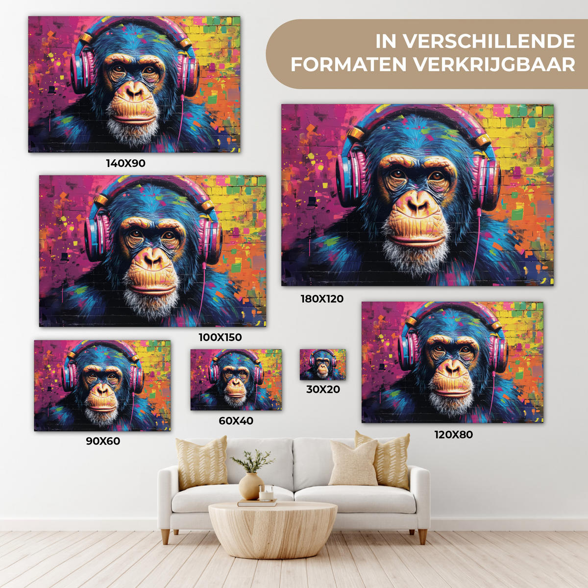 LEINWANDBILD Graffiti - Schimpanse - Straßenkunst - Kopfhörer - Affe Wohnzimmer Groß 120x80 cm - Blau, Textil (120/80cm) - MuchoWow