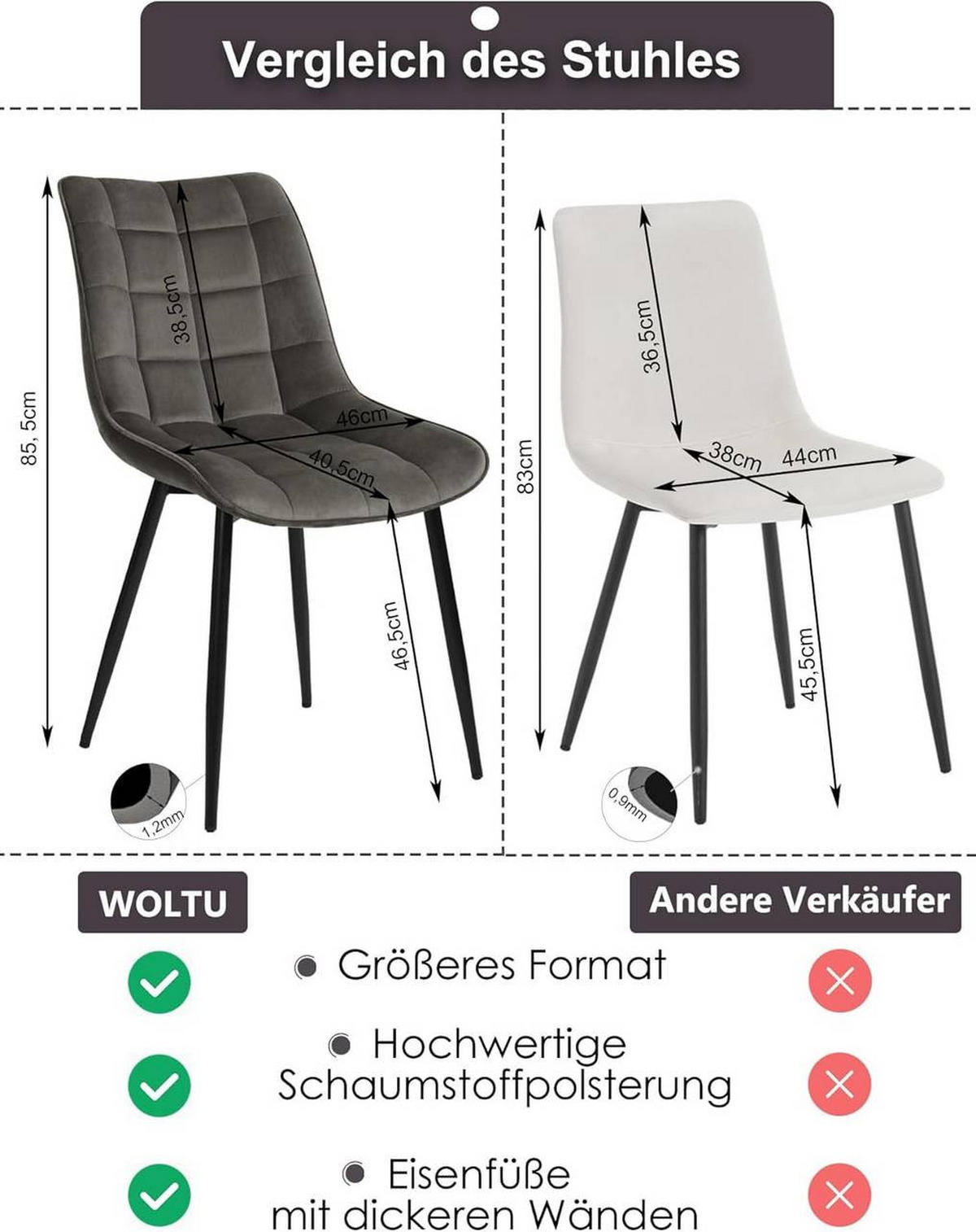 ESSZIMMERSTUHL 4er Set, Samt, Metallbeine, Dunkelgrau - Dunkelgrau/Schwarz, Textil/Metall (46/85.5/40.5cm) - Woltu