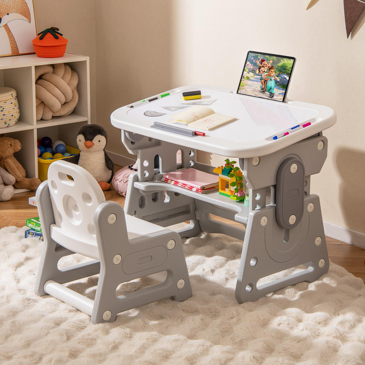 KINDERTISCH-STUHL-SET mit Höhenverstellung grau(2-tlg) - Grau, Kunststoff (80/49/50cm) - COSTWAY
